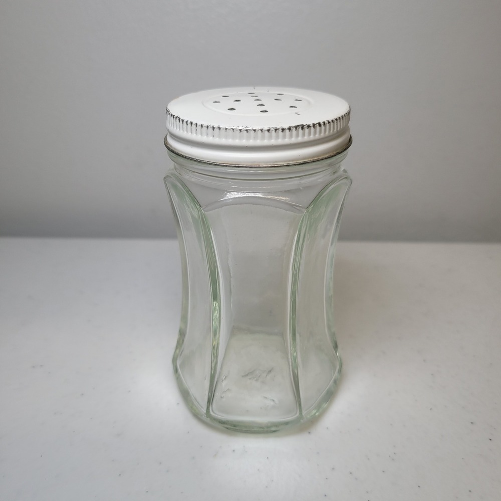 Vintage Hazel Atlas 4 Inch Clear Glass Spice Jar with White Shaker Lid